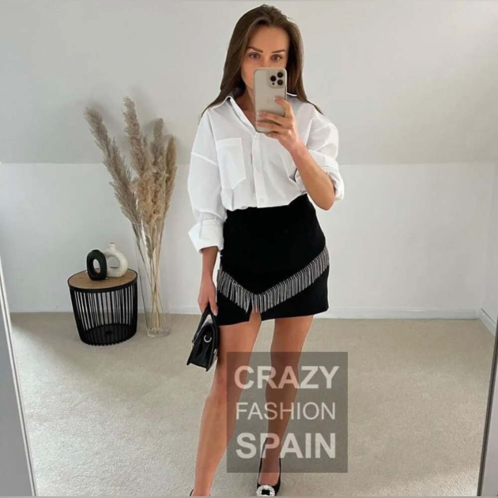 ZARA WOMAN NWT BLACK  RHINESTONE FRINGED MINI SKIRT MEDIUM.